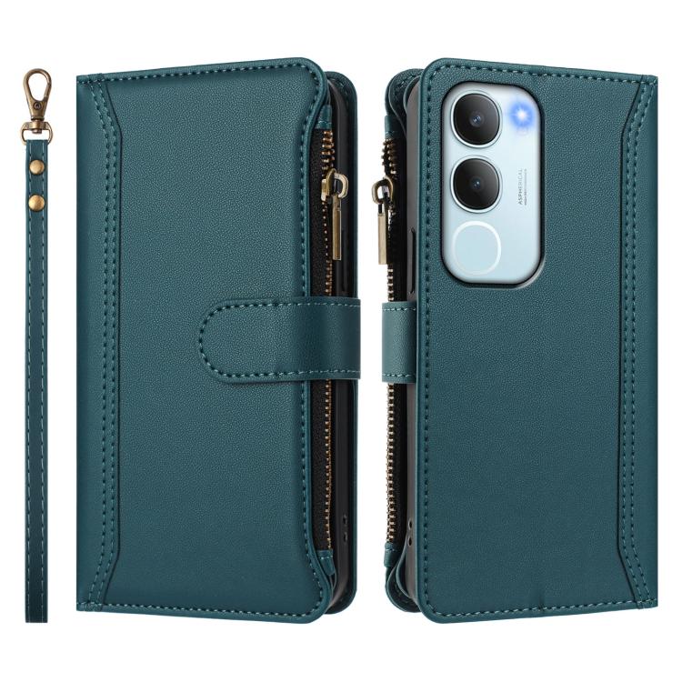 For vivo Y19S 4G Global Magnetic Closure 9 Card Slots Zipper Leather Case with Hand Strap