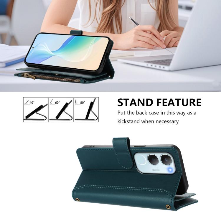 For vivo Y19S 4G Global Magnetic Closure 9 Card Slots Zipper Leather Case with Hand Strap