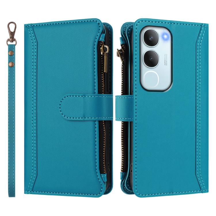For vivo Y19S 4G Global Magnetic Closure 9 Card Slots Zipper Leather Case with Hand Strap