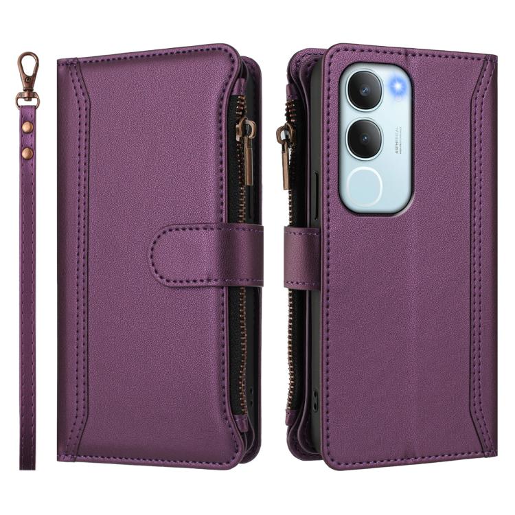 For vivo Y19S 4G Global Magnetic Closure 9 Card Slots Zipper Leather Case with Hand Strap