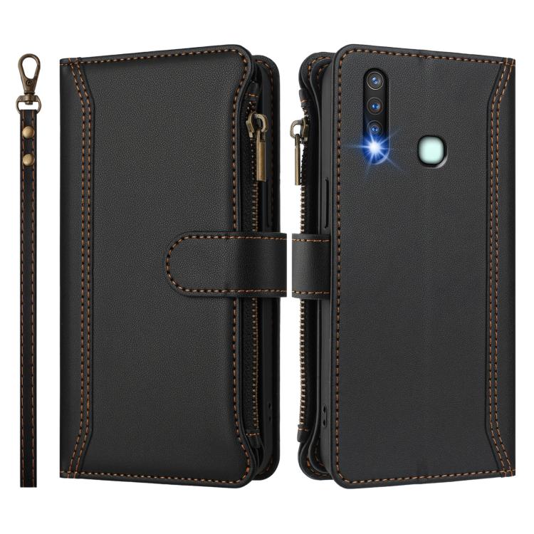 For vivo Y19 / U3 / Y5S / Z5i / U20 Magnetic Closure 9 Card Slots Zipper Leather Case with Hand Strap