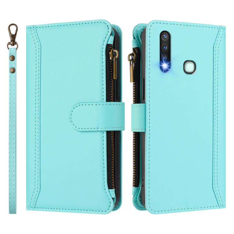 For vivo Y19 / U3 / Y5S / Z5i / U20 Magnetic Closure 9 Card Slots Zipper Leather Case with Hand Strap