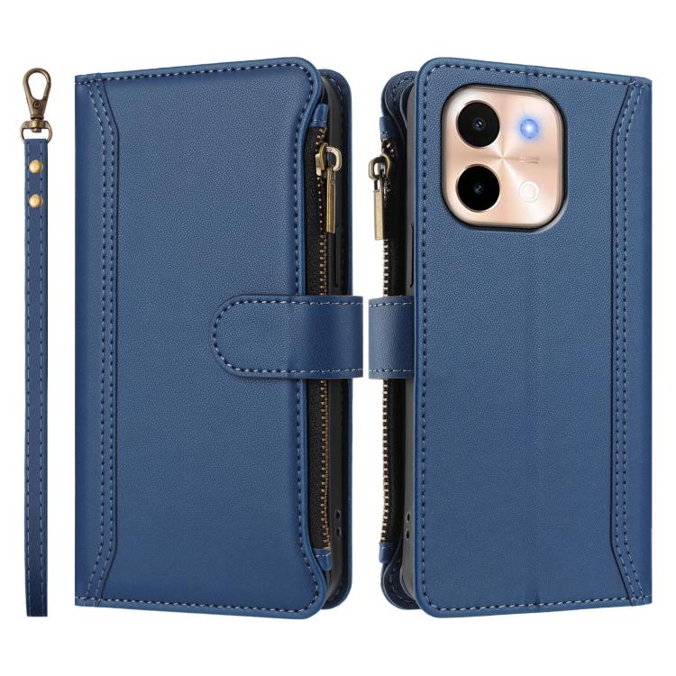 For vivo Y28 4G Global Magnetic Closure 9 Card Slots Zipper Leather Case with Hand Strap