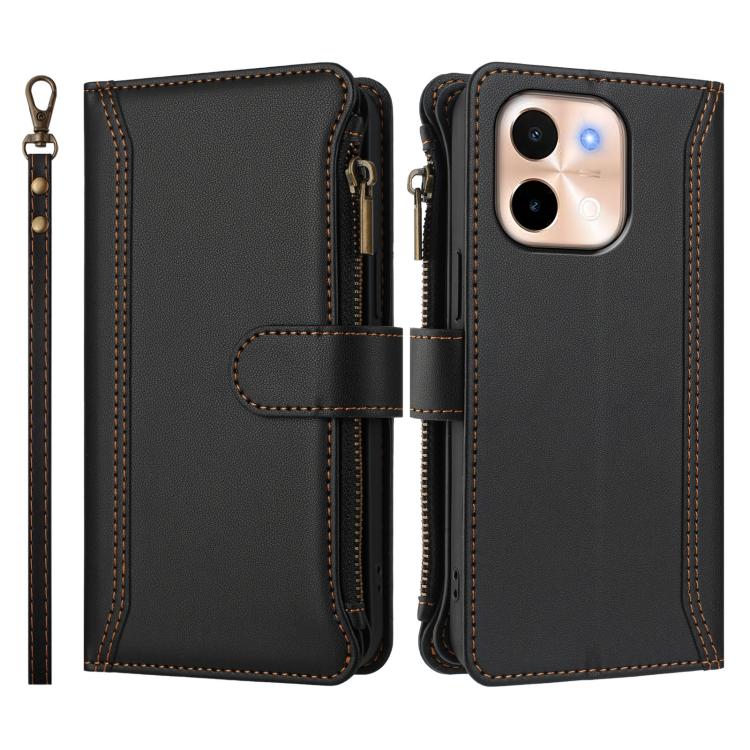 For vivo Y28 4G Global Magnetic Closure 9 Card Slots Zipper Leather Case with Hand Strap