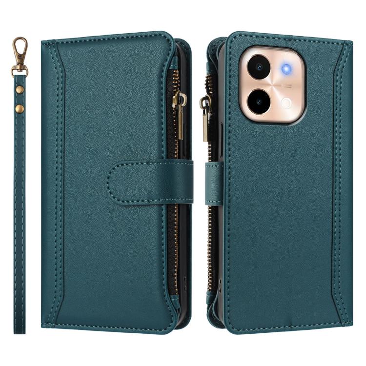 For vivo Y28 4G Global Magnetic Closure 9 Card Slots Zipper Leather Case with Hand Strap