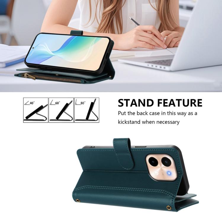 For vivo Y28 4G Global Magnetic Closure 9 Card Slots Zipper Leather Case with Hand Strap