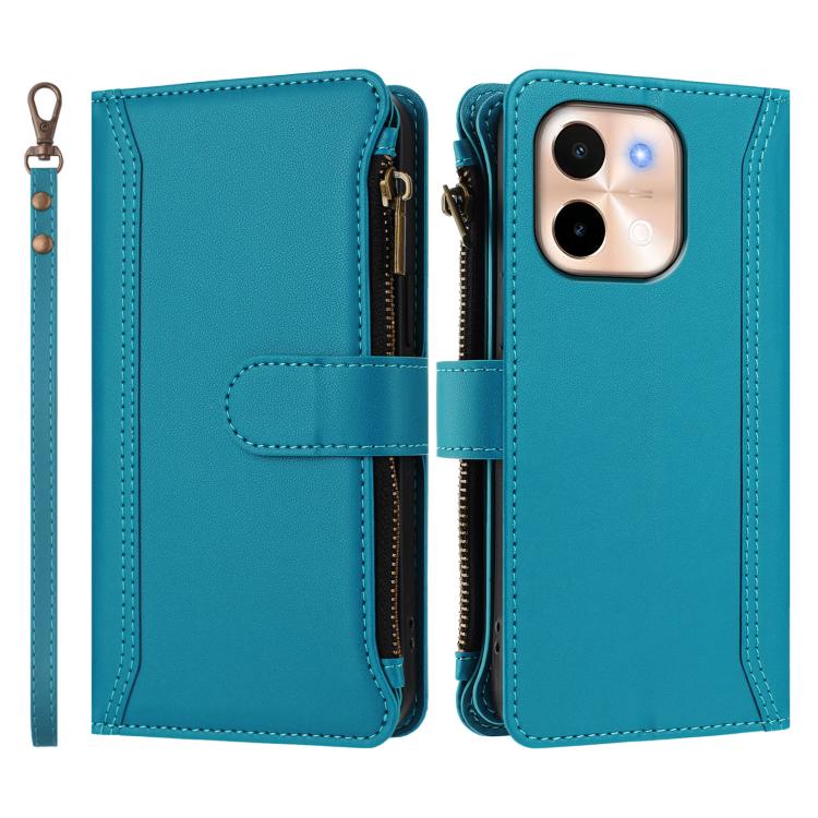 For vivo Y28 4G Global Magnetic Closure 9 Card Slots Zipper Leather Case with Hand Strap