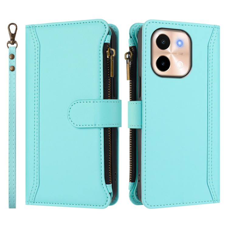 For vivo Y28 4G Global Magnetic Closure 9 Card Slots Zipper Leather Case with Hand Strap