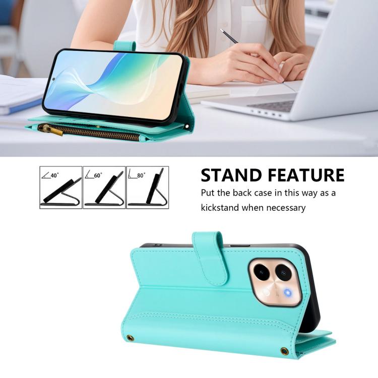 For vivo Y28 4G Global Magnetic Closure 9 Card Slots Zipper Leather Case with Hand Strap
