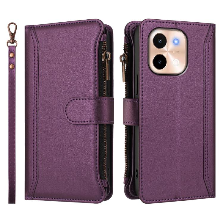 For vivo Y28 4G Global Magnetic Closure 9 Card Slots Zipper Leather Case with Hand Strap