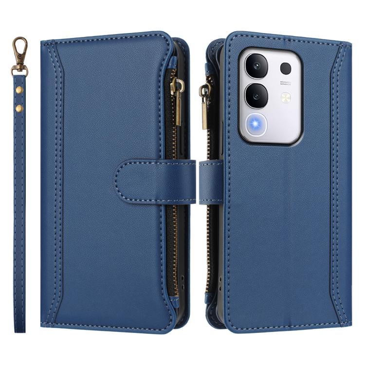 For vivo Y29 4G Global Magnetic Closure 9 Card Slots Zipper Leather Case with Hand Strap