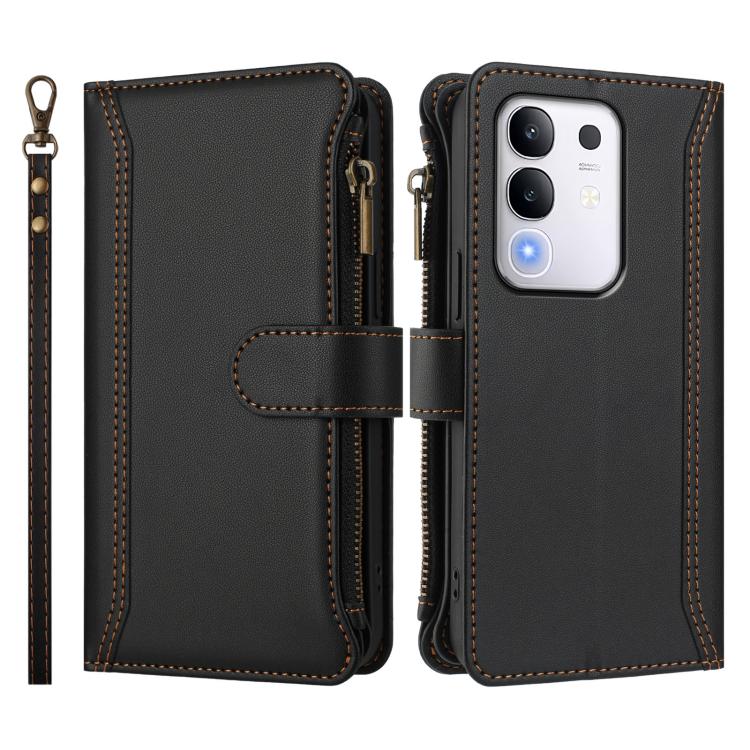 For vivo Y29 4G Global Magnetic Closure 9 Card Slots Zipper Leather Case with Hand Strap