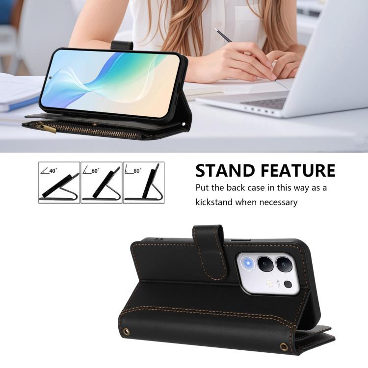 For vivo Y29 4G Global Magnetic Closure 9 Card Slots Zipper Leather Case with Hand Strap
