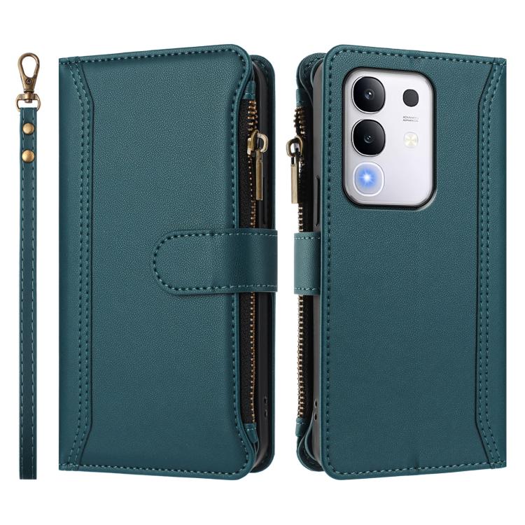 For vivo Y29 4G Global Magnetic Closure 9 Card Slots Zipper Leather Case with Hand Strap