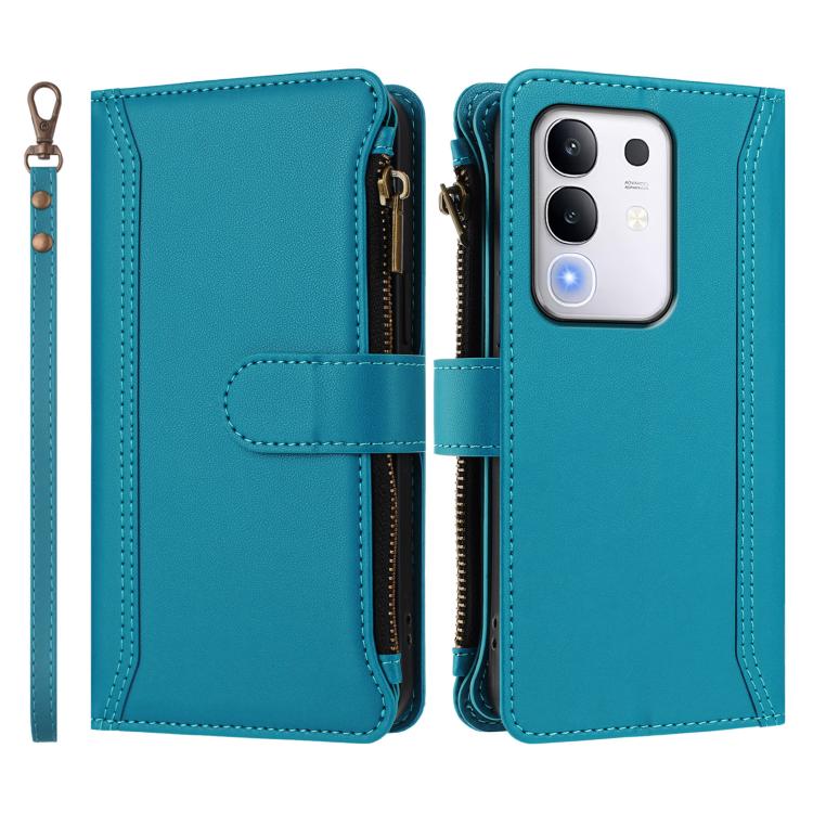 For vivo Y29 4G Global Magnetic Closure 9 Card Slots Zipper Leather Case with Hand Strap