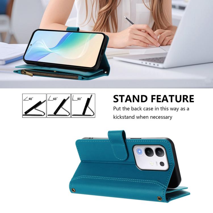 For vivo Y29 4G Global Magnetic Closure 9 Card Slots Zipper Leather Case with Hand Strap