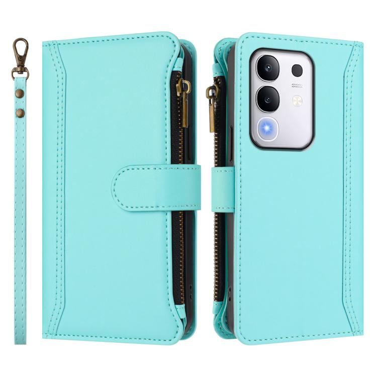 For vivo Y29 4G Global Magnetic Closure 9 Card Slots Zipper Leather Case with Hand Strap