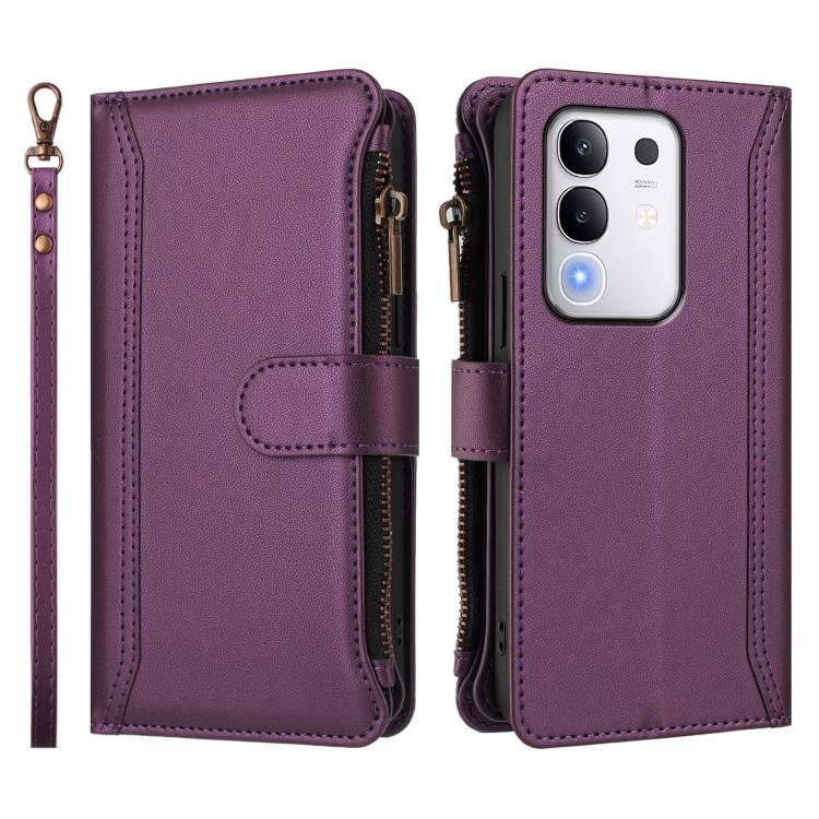 For vivo Y29 4G Global Magnetic Closure 9 Card Slots Zipper Leather Case with Hand Strap