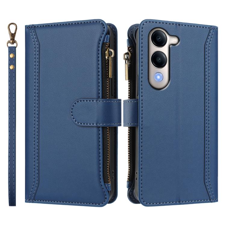 For vivo Y29S 5G / Y04 5G Global Magnetic Closure 9 Card Slots Zipper Leather Case with Hand Strap