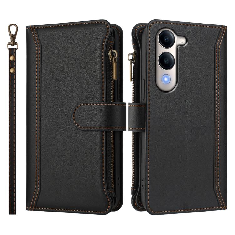 For vivo Y29S 5G / Y04 5G Global Magnetic Closure 9 Card Slots Zipper Leather Case with Hand Strap