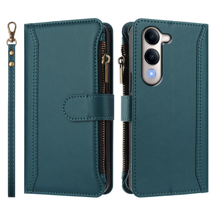 For vivo Y29S 5G / Y04 5G Global Magnetic Closure 9 Card Slots Zipper Leather Case with Hand Strap