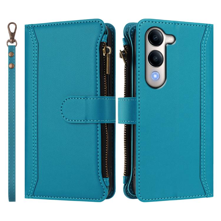 For vivo Y29S 5G / Y04 5G Global Magnetic Closure 9 Card Slots Zipper Leather Case with Hand Strap