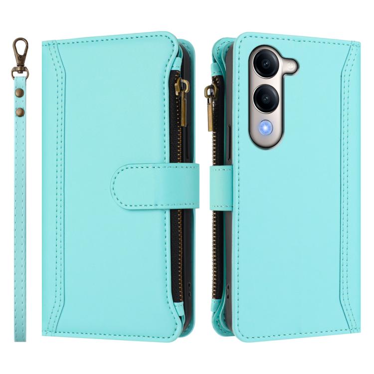 For vivo Y29S 5G / Y04 5G Global Magnetic Closure 9 Card Slots Zipper Leather Case with Hand Strap