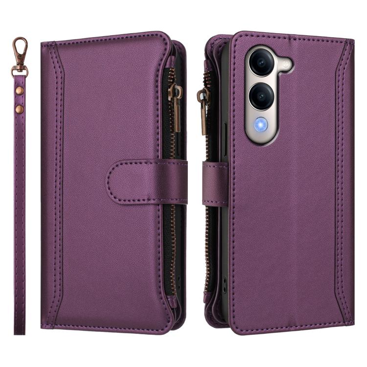 For vivo Y29S 5G / Y04 5G Global Magnetic Closure 9 Card Slots Zipper Leather Case with Hand Strap