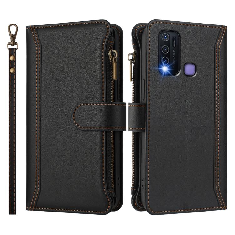 For vivo Y30 4G Global Magnetic Closure 9 Card Slots Zipper Leather Case with Hand Strap