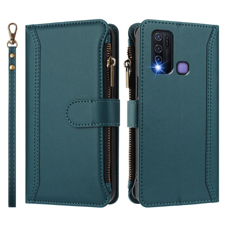 For vivo Y30 4G Global Magnetic Closure 9 Card Slots Zipper Leather Case with Hand Strap
