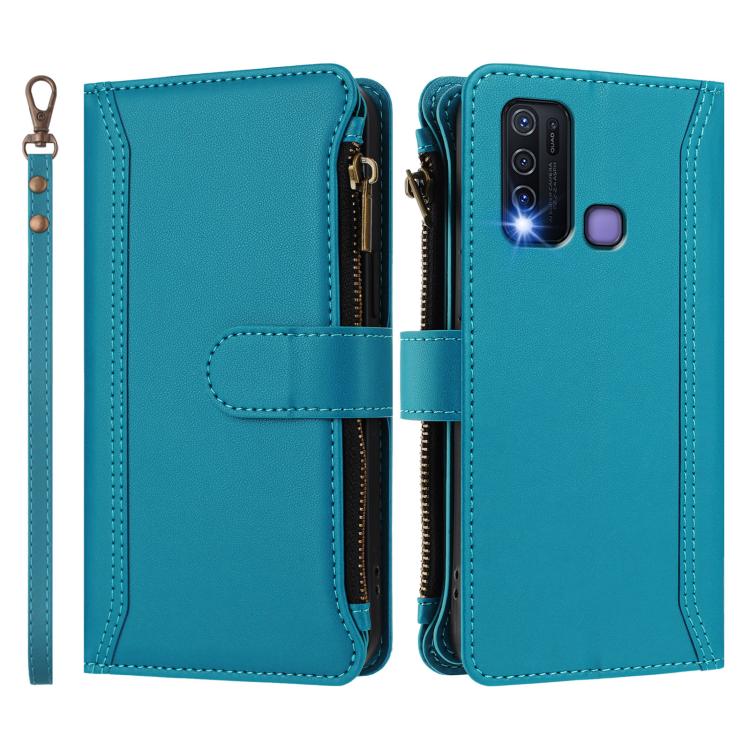 For vivo Y30 4G Global Magnetic Closure 9 Card Slots Zipper Leather Case with Hand Strap