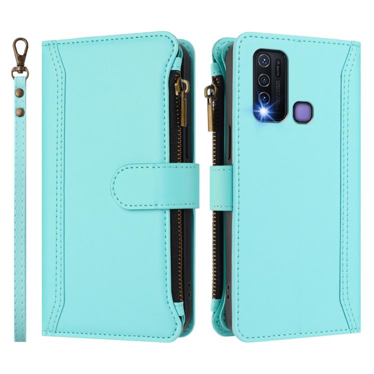 For vivo Y30 4G Global Magnetic Closure 9 Card Slots Zipper Leather Case with Hand Strap