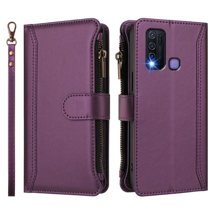 For vivo Y30 4G Global Magnetic Closure 9 Card Slots Zipper Leather Case with Hand Strap