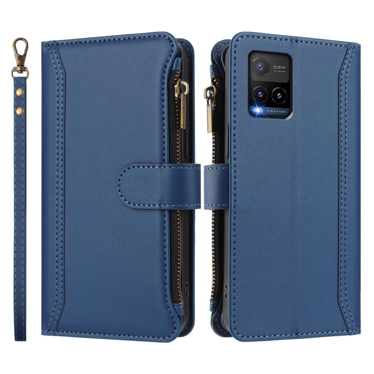 For vivo Y33S 4G Global / Y21 2021 Magnetic Closure 9 Card Slots Zipper Leather Case with Hand Strap