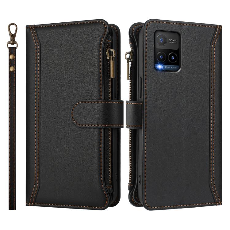 For vivo Y33S 4G Global / Y21 2021 Magnetic Closure 9 Card Slots Zipper Leather Case with Hand Strap