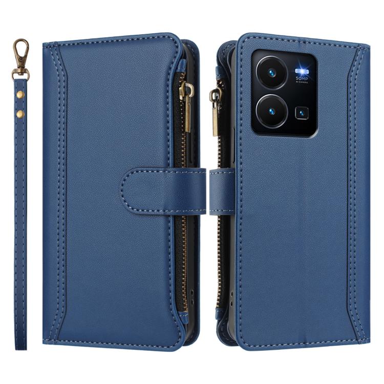 For vivo Y35 4G Global / Y77E 5G Magnetic Closure 9 Card Slots Zipper Leather Case with Hand Strap