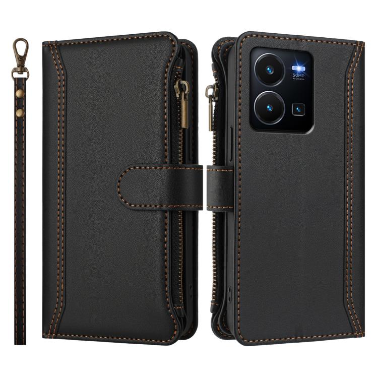 For vivo Y35 4G Global / Y77E 5G Magnetic Closure 9 Card Slots Zipper Leather Case with Hand Strap