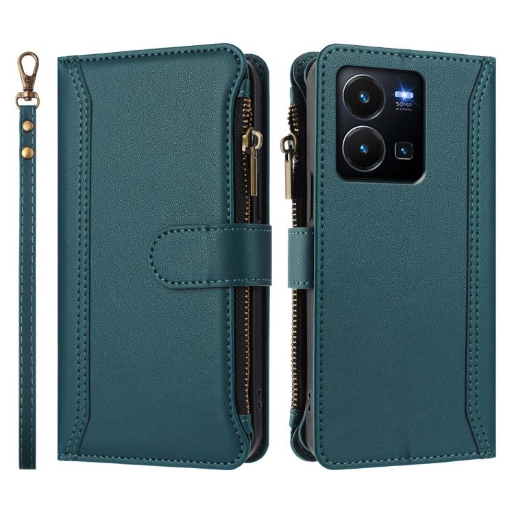 For vivo Y35 4G Global / Y77E 5G Magnetic Closure 9 Card Slots Zipper Leather Case with Hand Strap