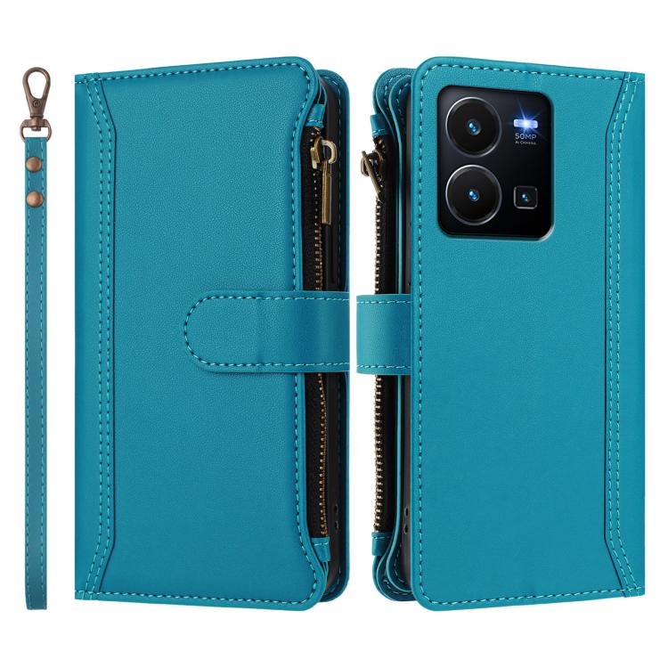 For vivo Y35 4G Global / Y77E 5G Magnetic Closure 9 Card Slots Zipper Leather Case with Hand Strap