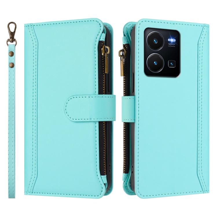 For vivo Y35 4G Global / Y77E 5G Magnetic Closure 9 Card Slots Zipper Leather Case with Hand Strap