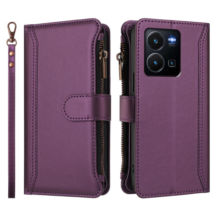 For vivo Y35 4G Global / Y77E 5G Magnetic Closure 9 Card Slots Zipper Leather Case with Hand Strap