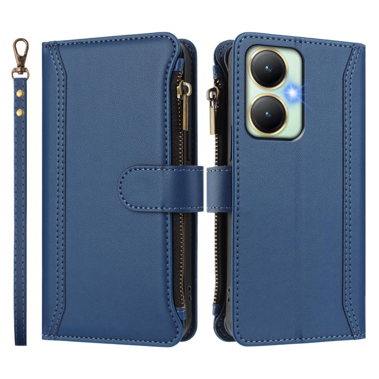 For vivo Y27 4G 2023 Magnetic Closure 9 Card Slots Zipper Leather Case with Hand Strap