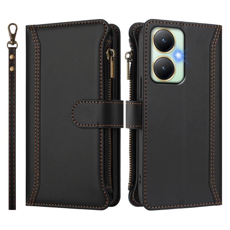 For vivo Y27 4G 2023 Magnetic Closure 9 Card Slots Zipper Leather Case with Hand Strap