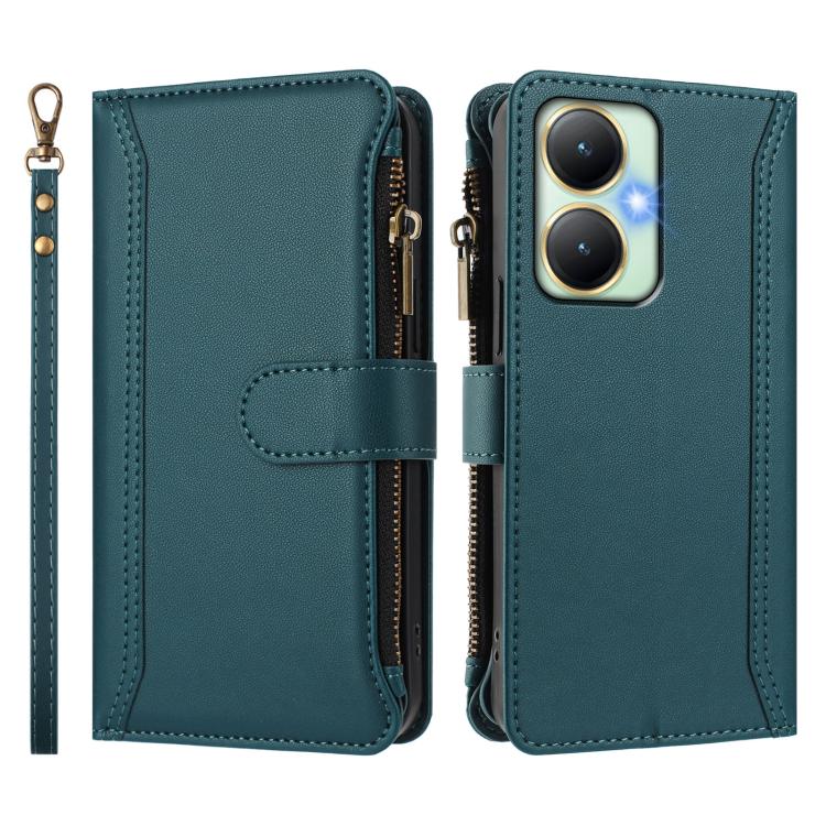 For vivo Y27 4G 2023 Magnetic Closure 9 Card Slots Zipper Leather Case with Hand Strap