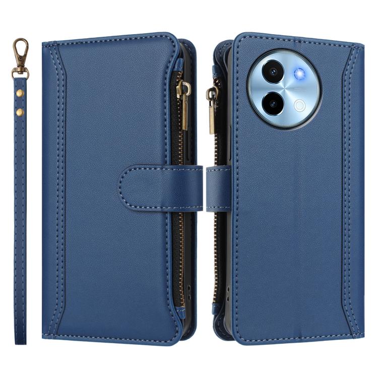 For vivo Y38 5G Global / T3X 5G Global Magnetic Closure 9 Card Slots Zipper Leather Case with Hand Strap