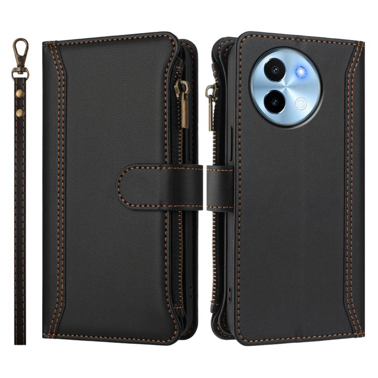 For vivo Y38 5G Global / T3X 5G Global Magnetic Closure 9 Card Slots Zipper Leather Case with Hand Strap