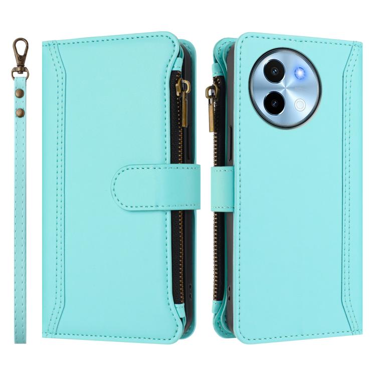 For vivo Y38 5G Global / T3X 5G Global Magnetic Closure 9 Card Slots Zipper Leather Case with Hand Strap