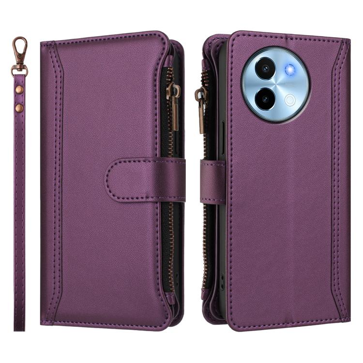 For vivo Y38 5G Global / T3X 5G Global Magnetic Closure 9 Card Slots Zipper Leather Case with Hand Strap