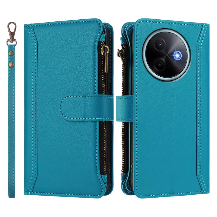 For vivo Y39 5G Global Magnetic Closure 9 Card Slots Zipper Leather Case with Hand Strap