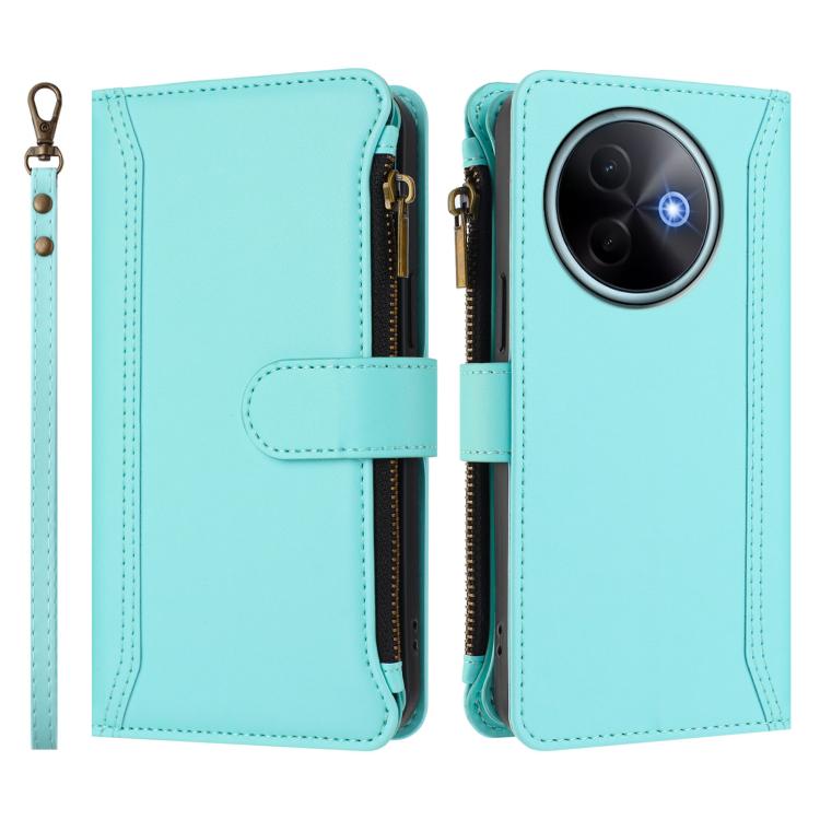 For vivo Y39 5G Global Magnetic Closure 9 Card Slots Zipper Leather Case with Hand Strap